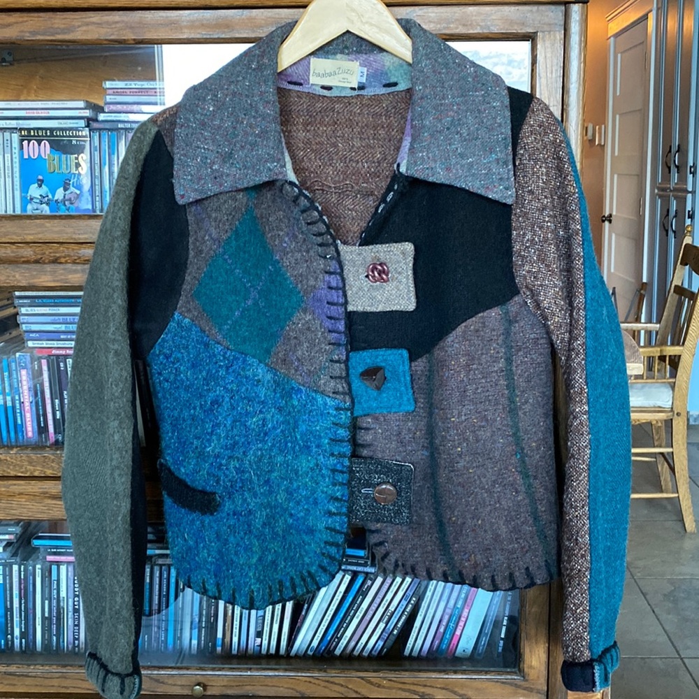 Upcycled Wool BAABAAZUZU Jacket Teal/Brown/Black Colour Pallet Size Medium